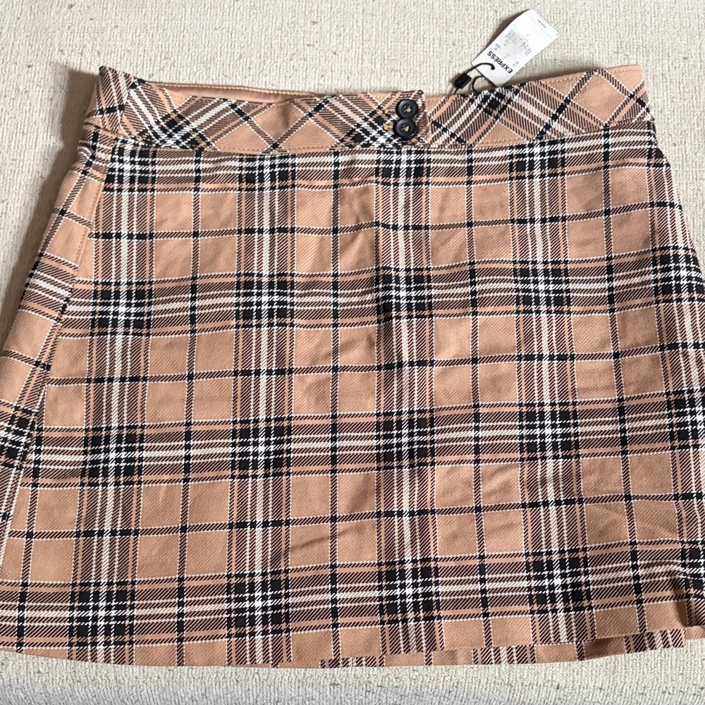 Express Plaid Mini Skirt in Tan, Black, and Cream